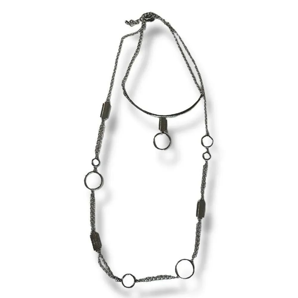 Chico's Silver Tone Two Tiered Cable Chain Necklace with Hammered Accents